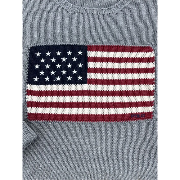 Vintage 90s Polo Ralph Lauren USA Flag Heavy Cotton Knit Sweater Grey Rare RL - Picture 3 of 8